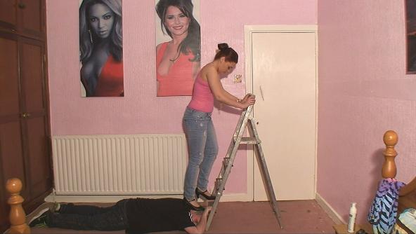 Sophie Stepping On His Head & Hands On The Ladder