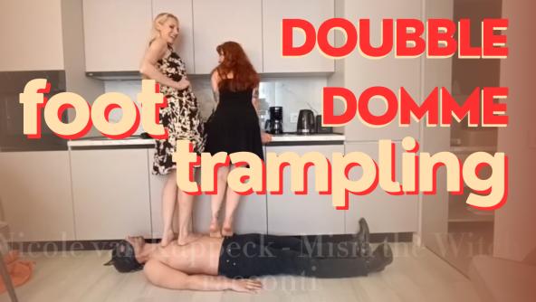 Double Domme Barefoot trampling - Nicole van Kuppeck and Misia the Witch punish the domestic slave with Their bare feet