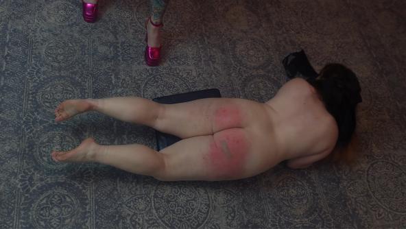 Embarrassing naked belting on the floor.